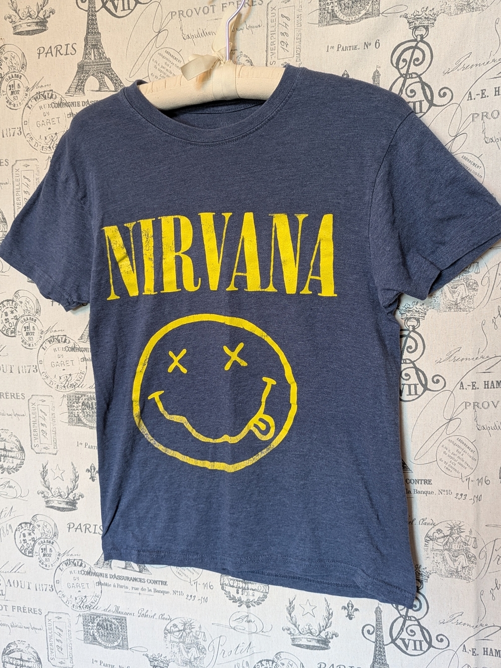 NIRVANA Iconic Vintage 90s Navy Blue Tee with Yellow Smiley Graphic